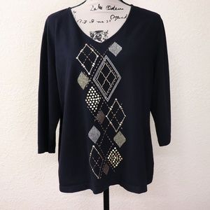 Karen Scott Top Black Tee Gold Sequins Beads Studs